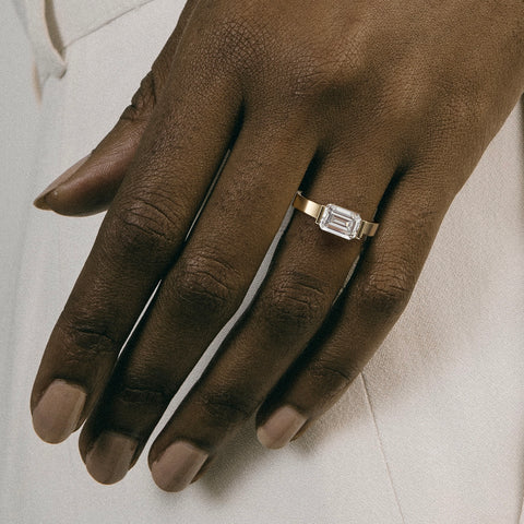 Silvi 2.00 carat east west emerald diamond ring close hand detail