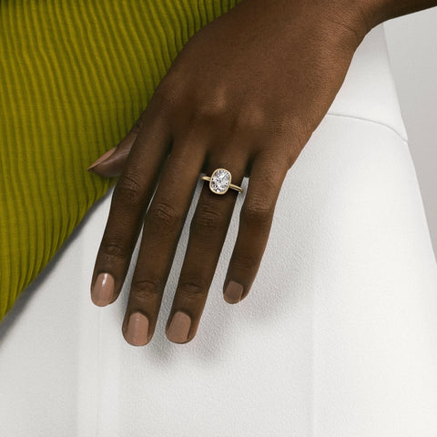 Syd 3.50 carat elongated cushion bezel engagement ring close hand detail