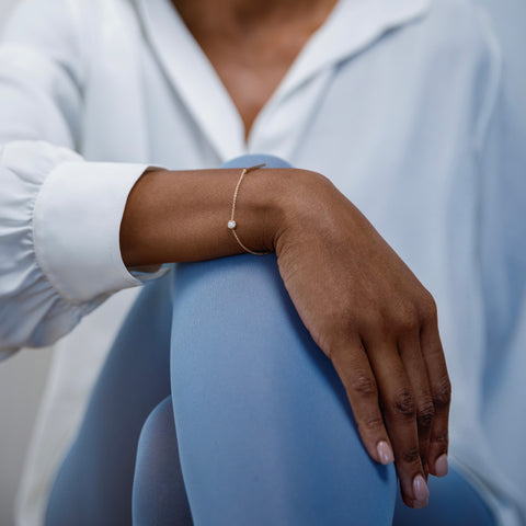 Stylish bracelet with dainty chain and lab grown white diamond in solid 14k or 18k gold by SHW best fine jewelry store in downtown NYC