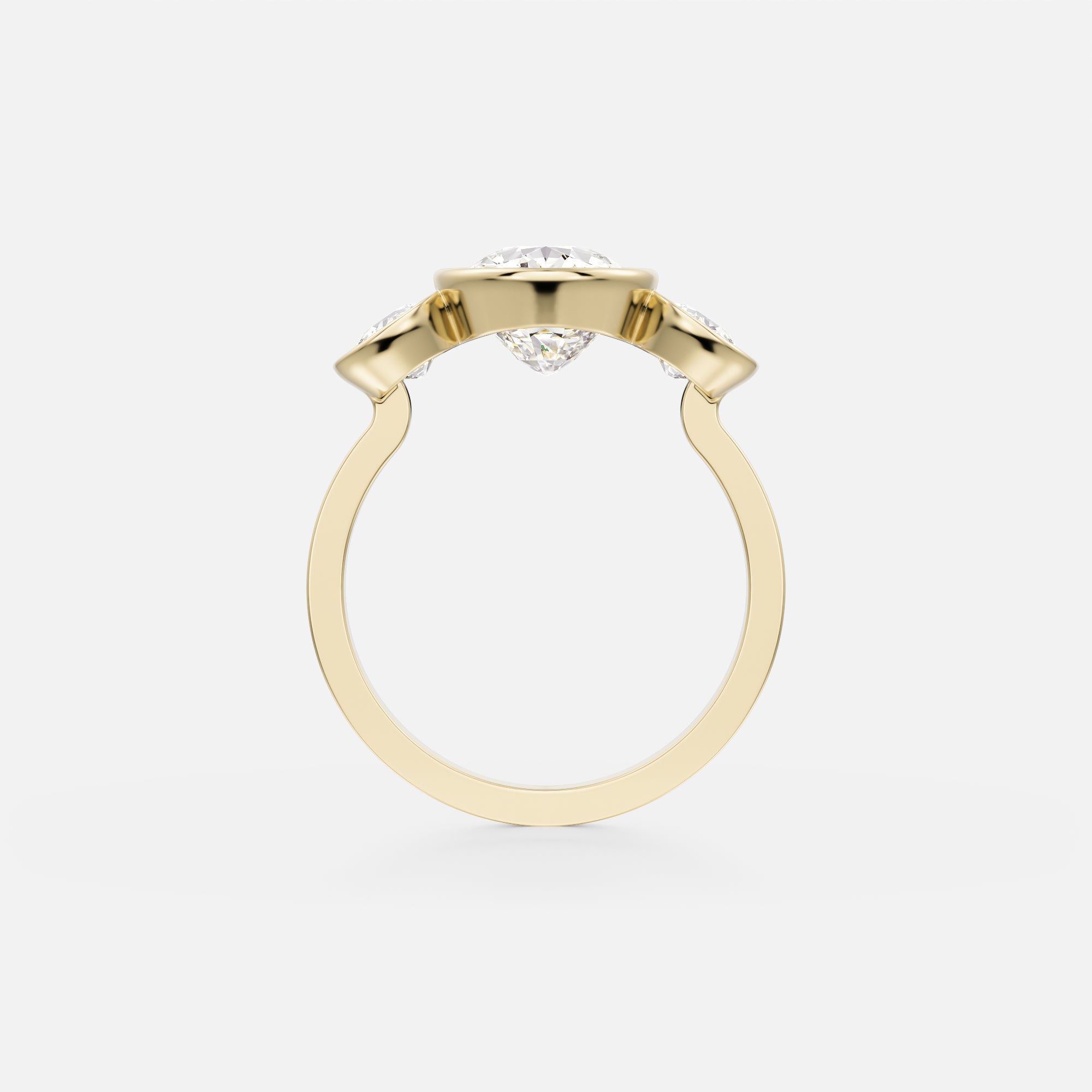 Three stone bezel set stones on side Engagement Ring with Cushion lab grown mined diamond 14k 18k gold by SHW Best Jewelry Stores Manhattan NYC