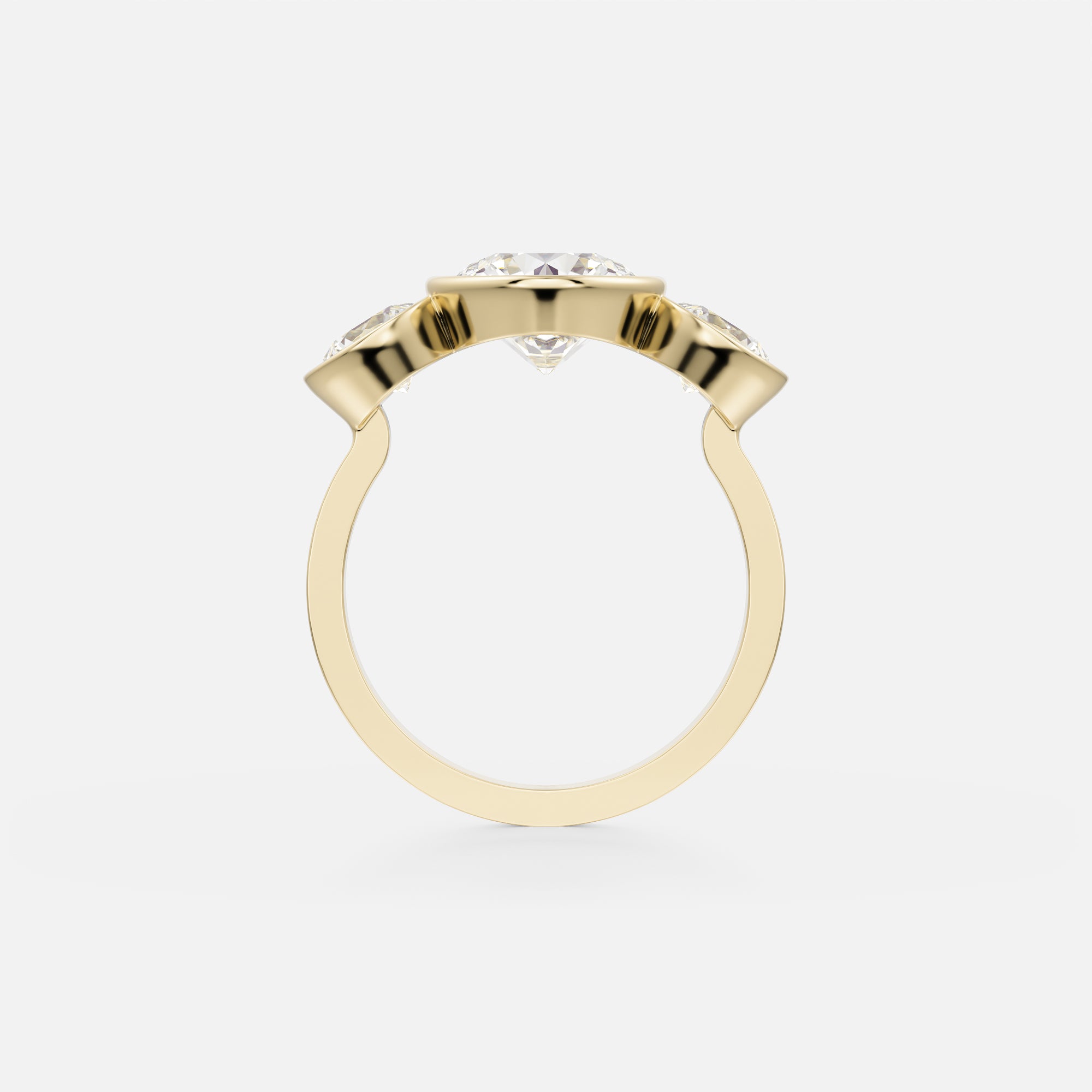 Three stone bezel set stones on side Engagement Ring with Round lab grown mined diamond 14k 18k gold by SHW Best Jewelry Stores Manhattan NYC