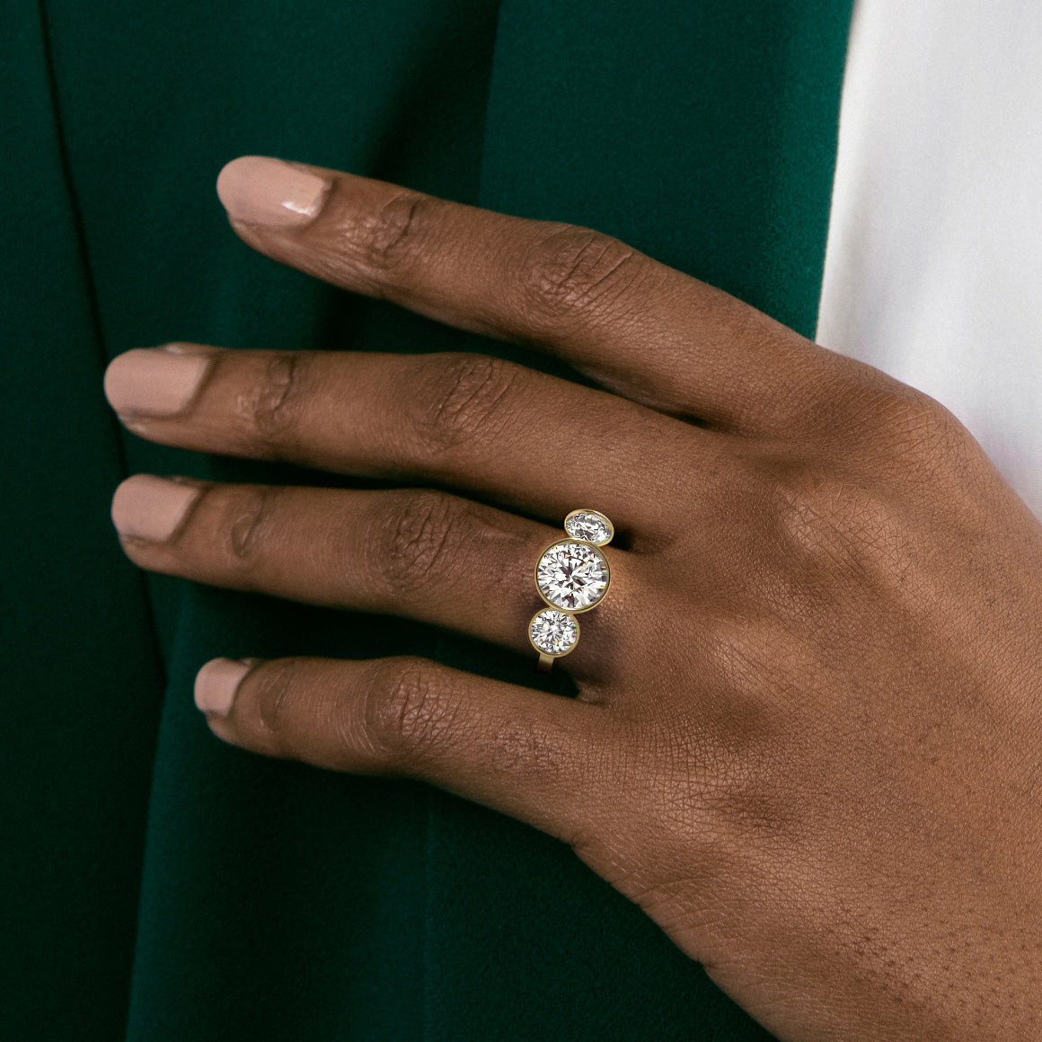 Unique Stackable Three stone Bezel Engagement Ring Round lab Canada diamonds in 14 karat 18 karat gold by SHW best fine jewelry stores