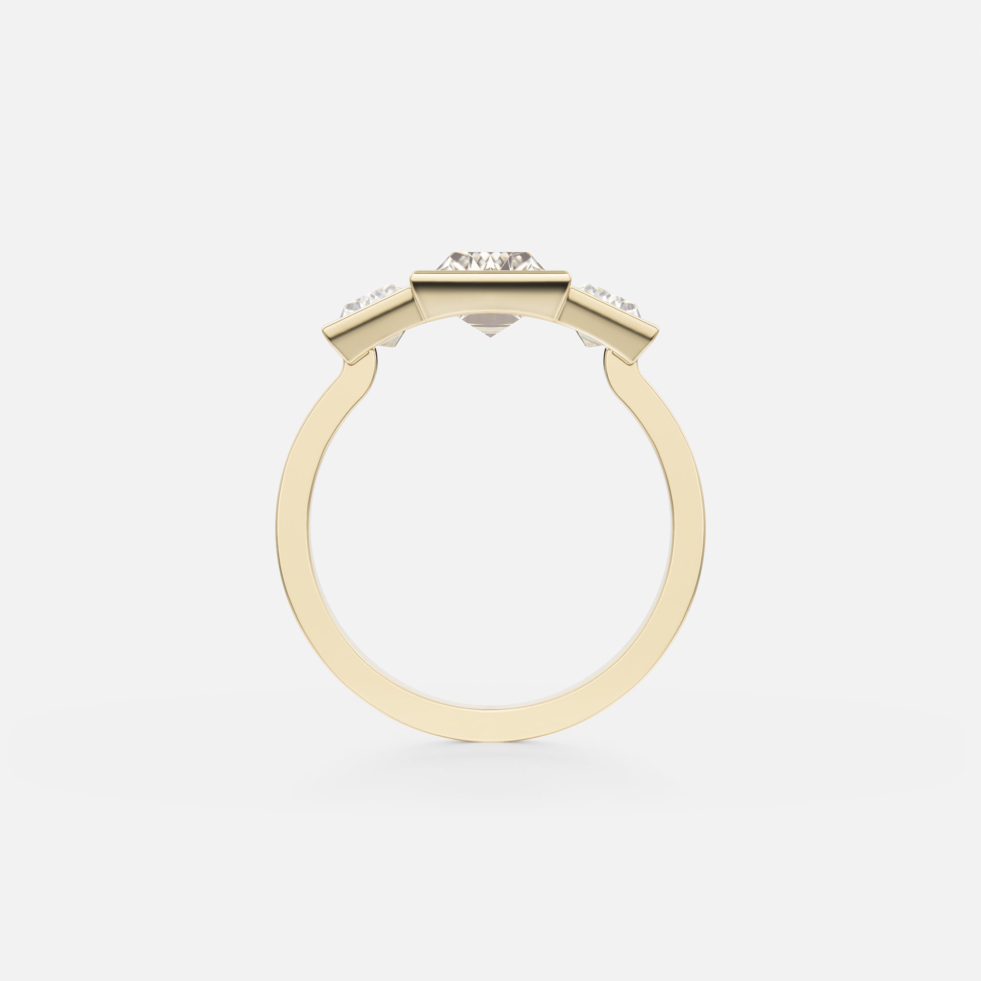 14 karat yellow gold engagement ring with 3 ct baguette-cut center diamond and two baguette side stones in sculptural open setting
