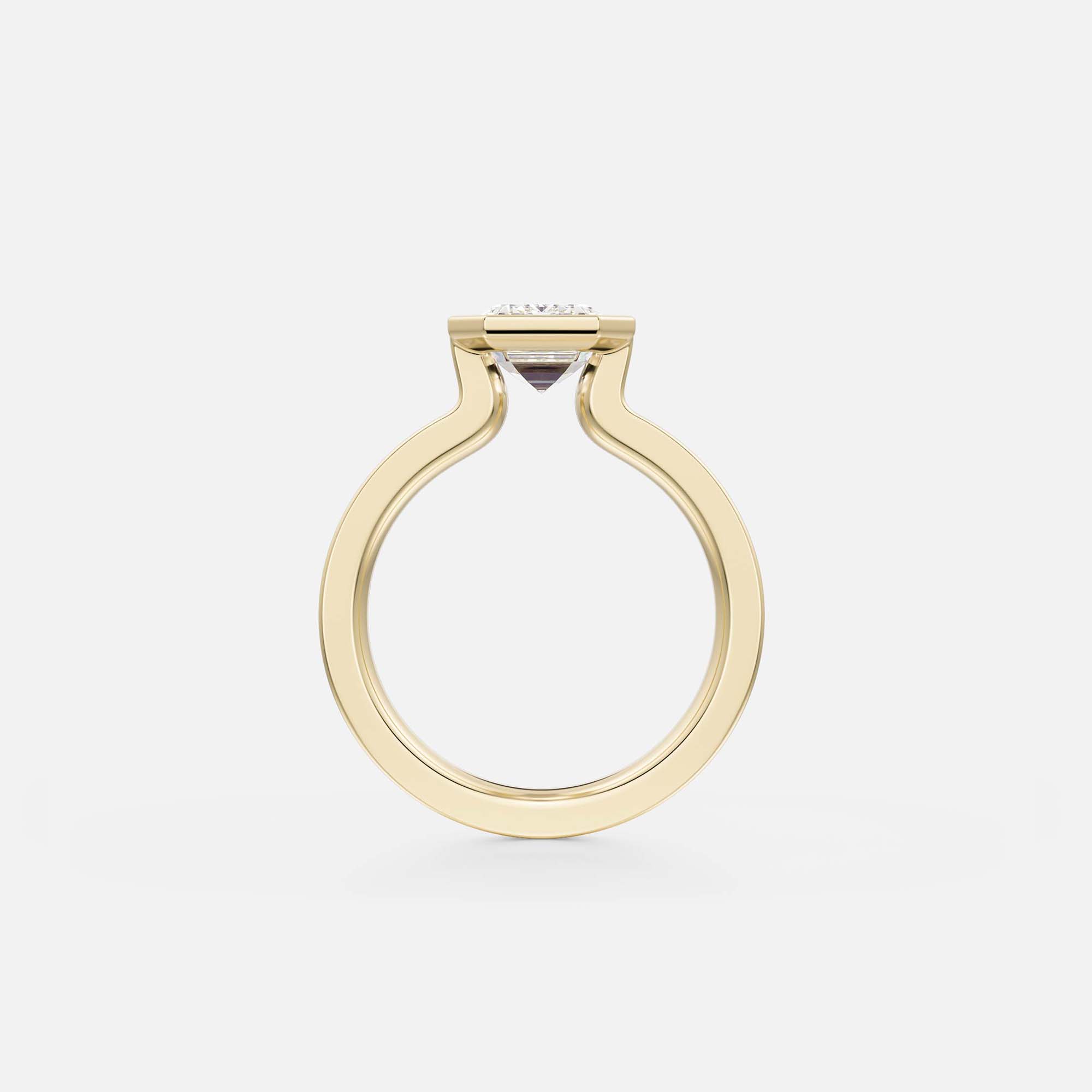 side view of emerald-cut diamond engagement ring with princess-cut diamonds flanking the center stone