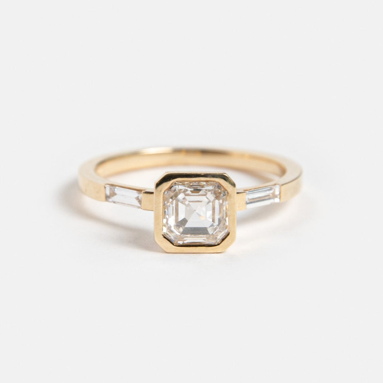 Minimalist Three Stone Engagement Ring 1 carat Asscher Square Emerald Bagguete Cut Lab made Diamond 14k yellow gold by SHW Fine Jewelry NYC