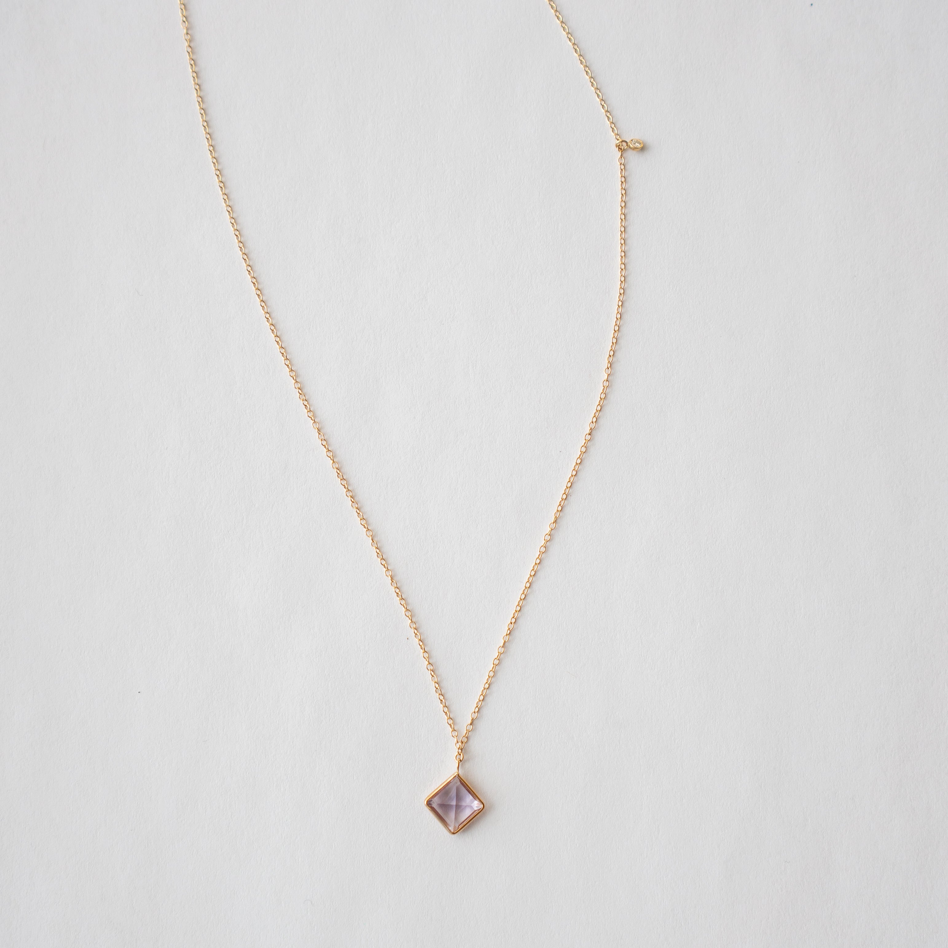 Beautiful Tisa Necklace with Square amethyst precious gemstone and brilliant cut natural white diamond set in 14 karat yellow gold by SHW Fine Jewelry made in NYC