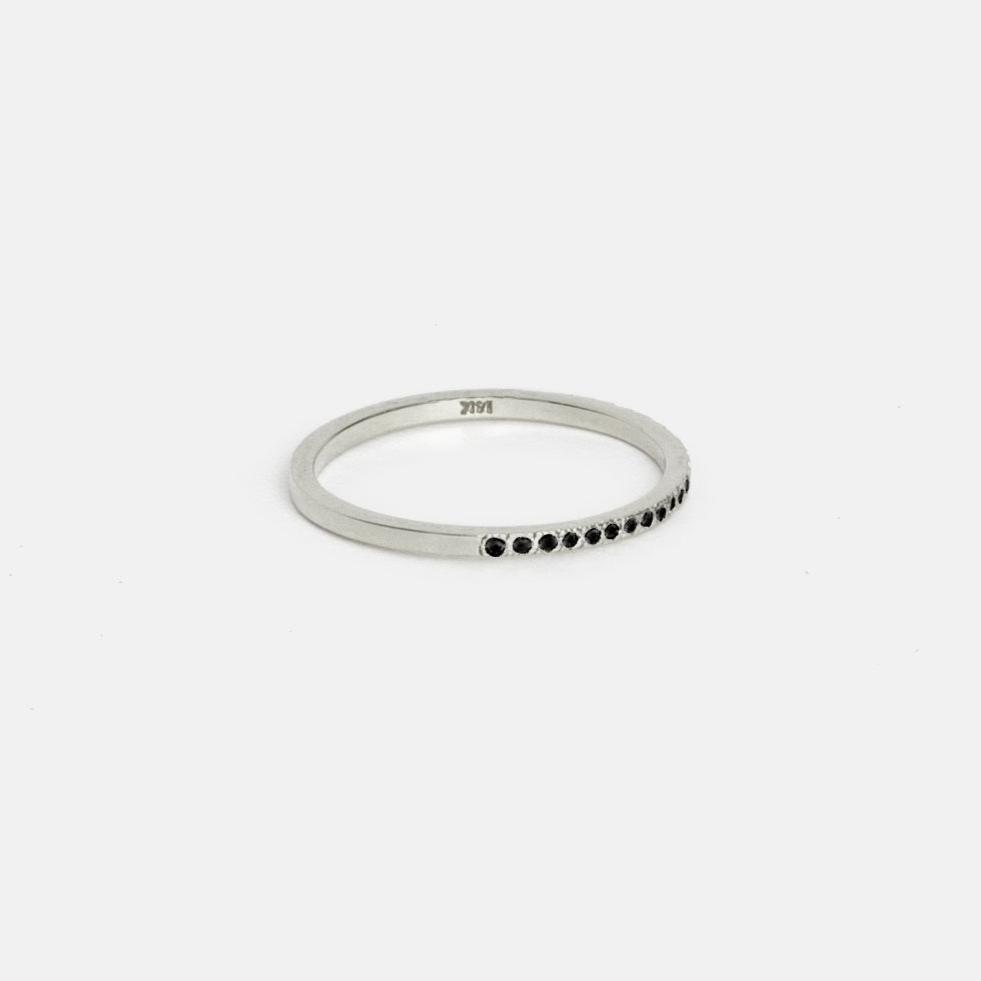 14k white gold thin wedding band with black diamond pavé
