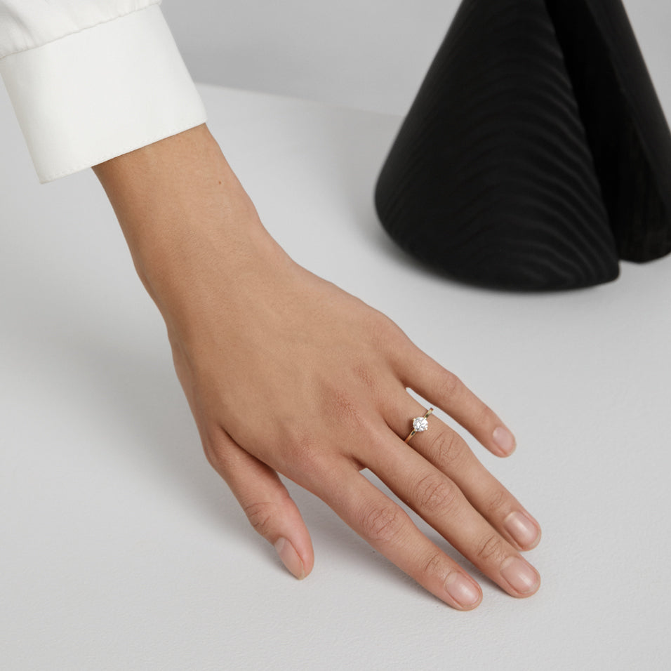 Unusual Stacking Flat Band engagement ring with under 1 carat GIA natural diamond in 14k yellow gold by SHW cool jewelry stores in NYC