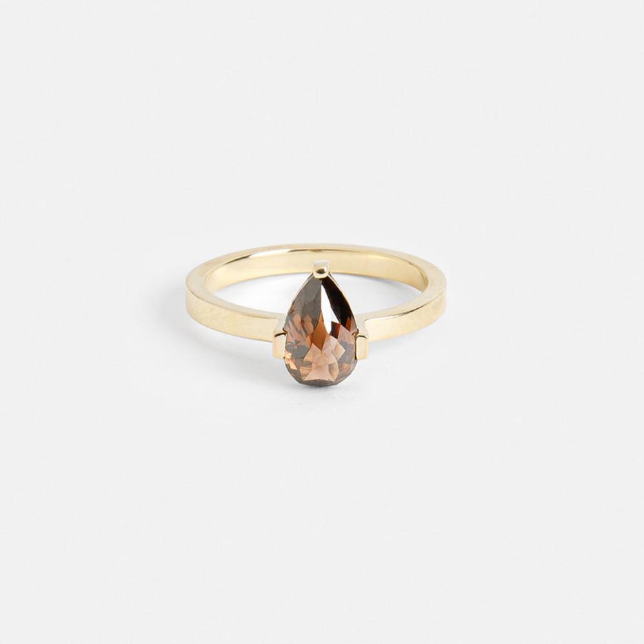Modern Flat Band Engagement Ring with Australian Natural Cognac Champagne Pear-cut Diamond in 14k yellow gold by SHW fine Jewelry store NYC
