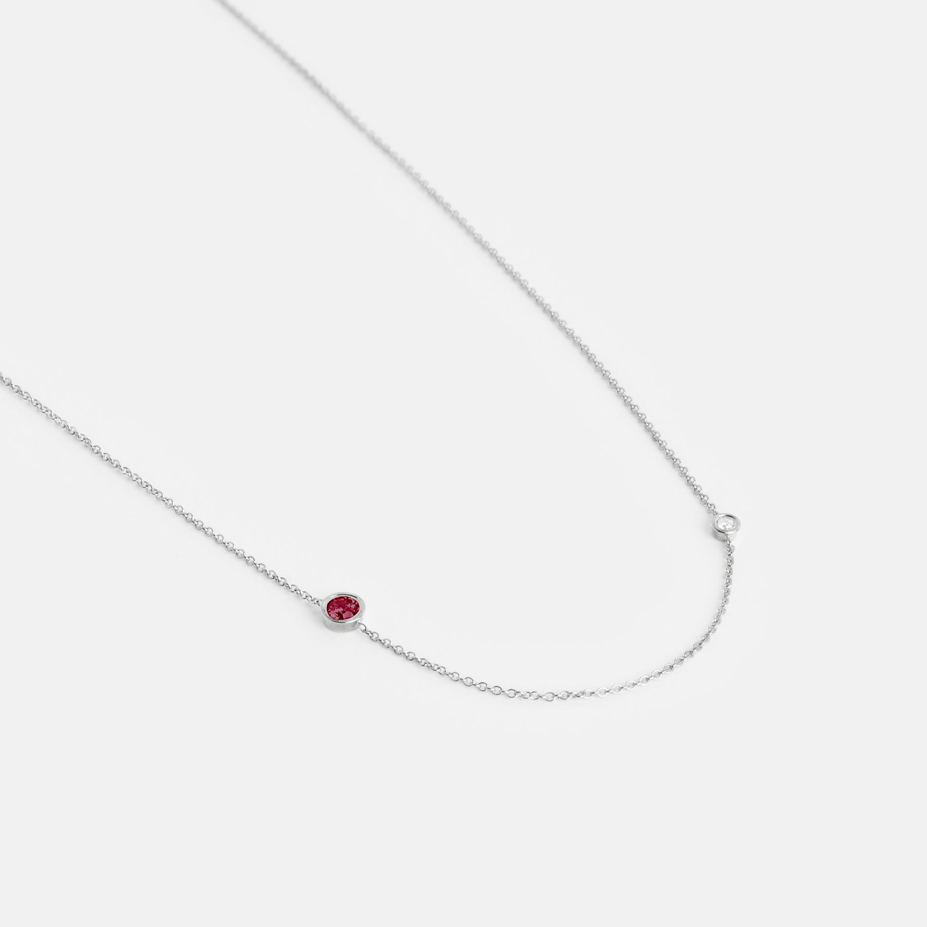 Iba Minimalist Necklace in 14k White Gold set with White Diamond and Ruby By SHW Fine Jewelry NYC