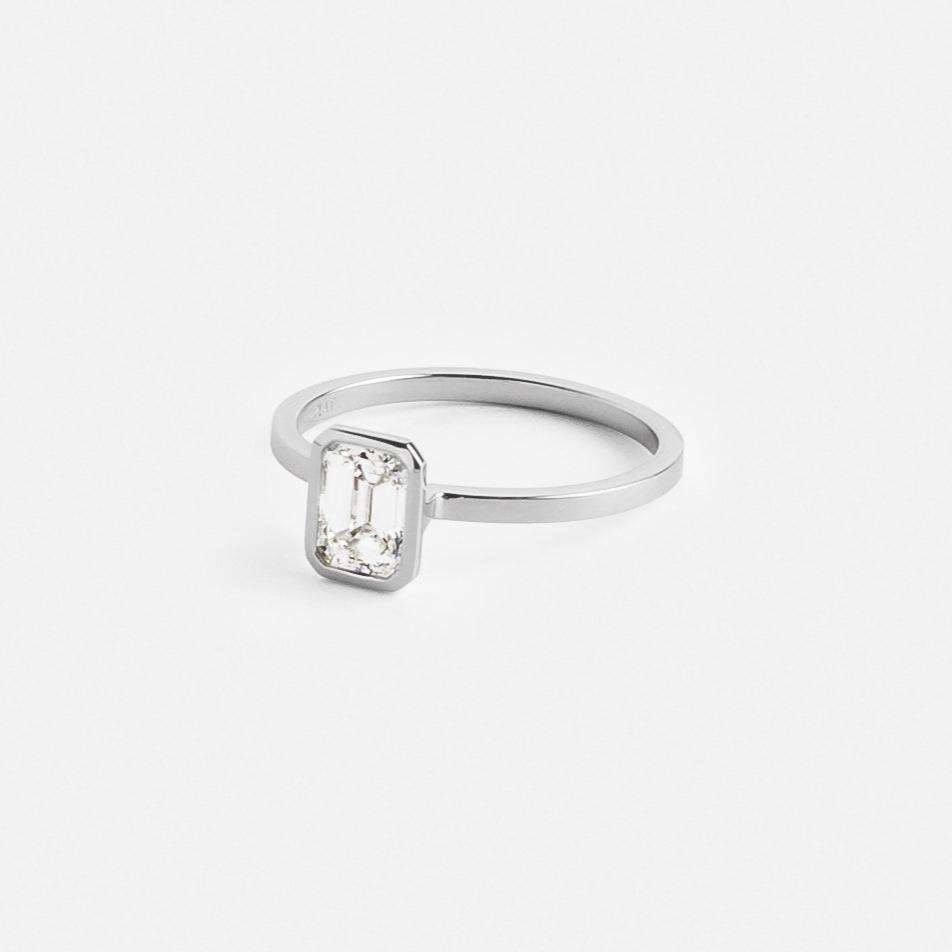 Unique Bezel Set Engagement Ring under 1 carat GIA natural canada emerald cut diamond in platinum by SHW best fine jewelry stores in NYC nearby