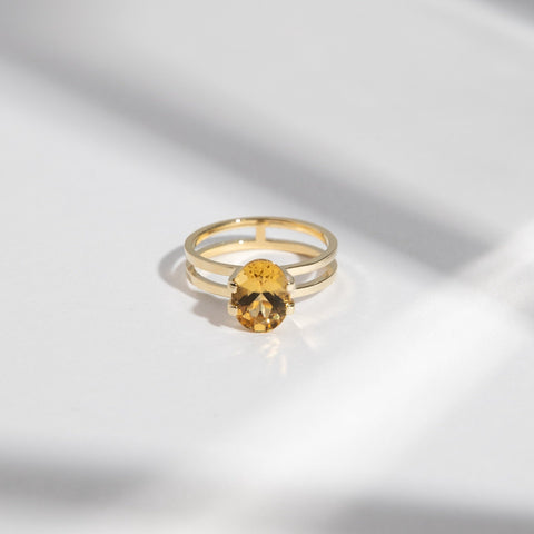 Mes Unique Ring in 14k Gold set with a 1.5ct oval cut heliodor By SHW Fine Jewelry NYC