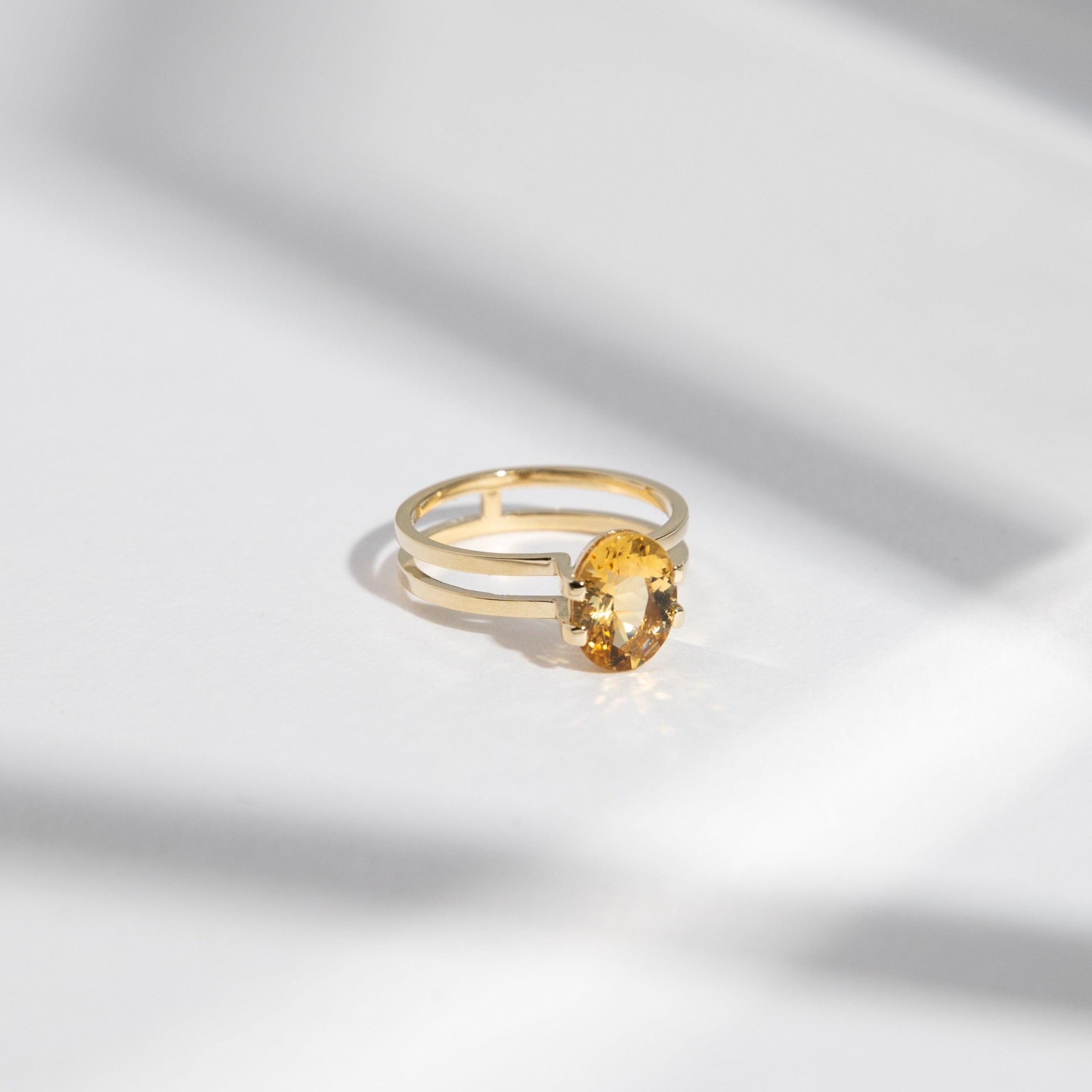Mes Non-Traditional Ring in 14k Gold set with a 1.5ct oval cut heliodor By SHW Fine Jewelry NYC
