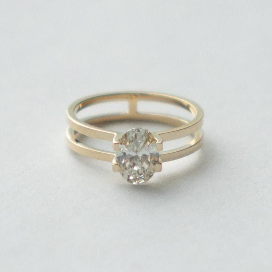 Minimalist Double-band Engagement Ring with 1ct laboratory oval diamond in 14 karat yellow gold by SHW famous fine jewelry stores in NYC