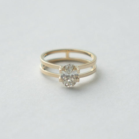 Unique Double Band Engagement Ring one carat lab manufactured oval diamond in 14k yellow gold by SHW best fine jewelry stores in NYC
