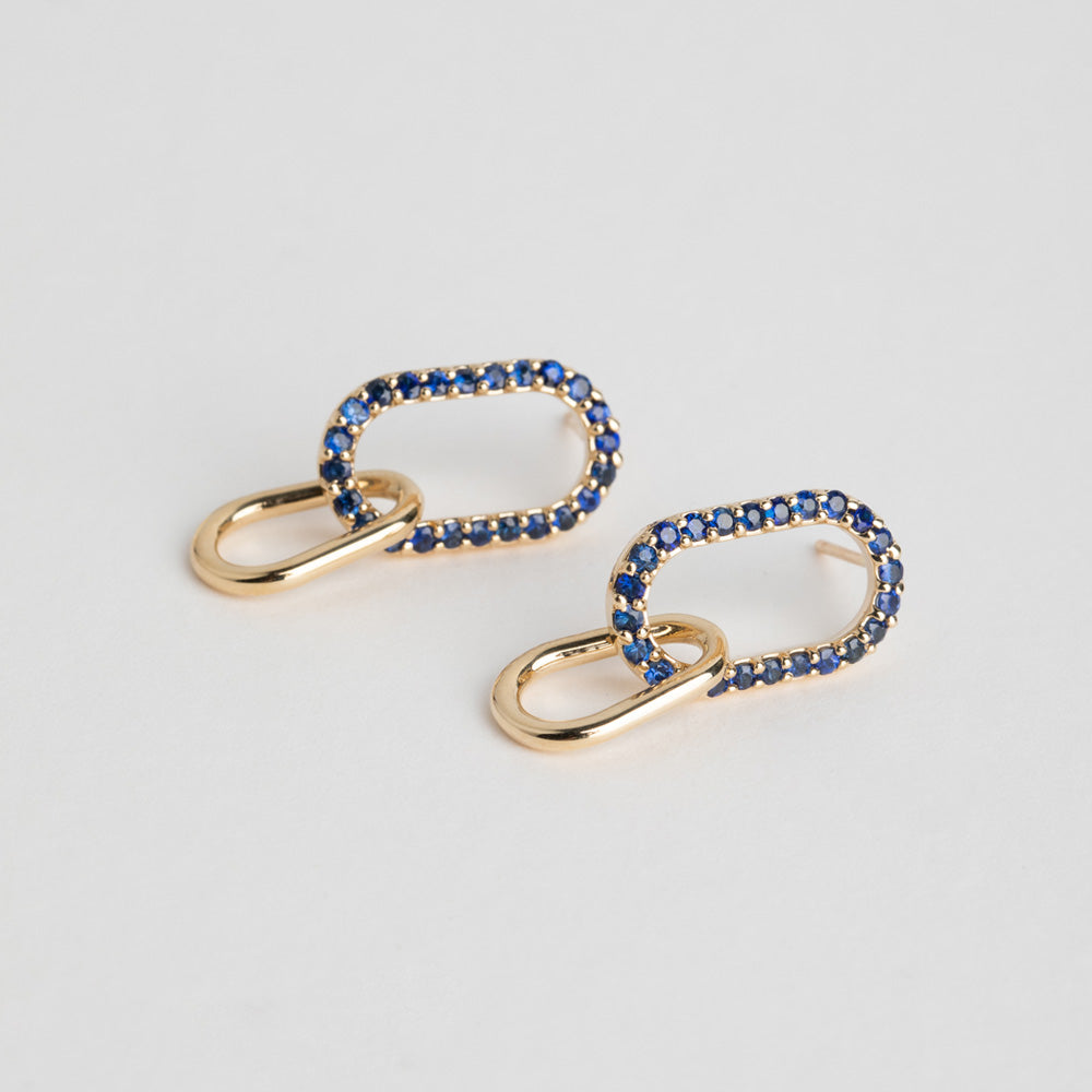 Sapphire stud earrings with dangling drop design in solid yellow white or rose gold SHW fine jewelry handmade NYC Manhattan