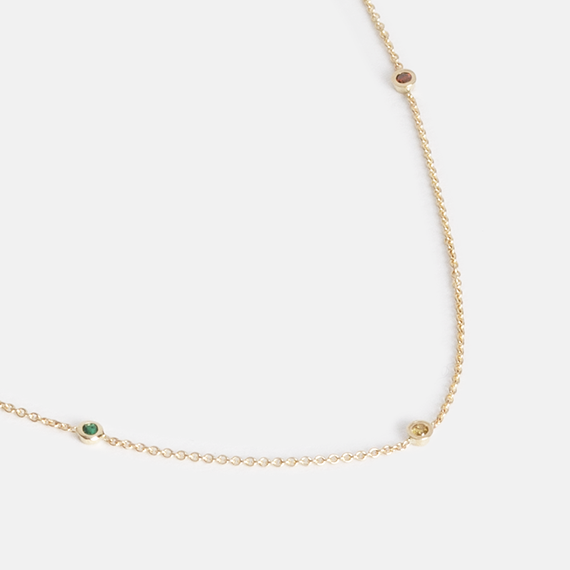 Ada Minimalist Necklace in 14k Gold set with color enhanced yellow diamonds, color enhanced red diamonds, and emeralds By SHW Fine Jewelry NYC