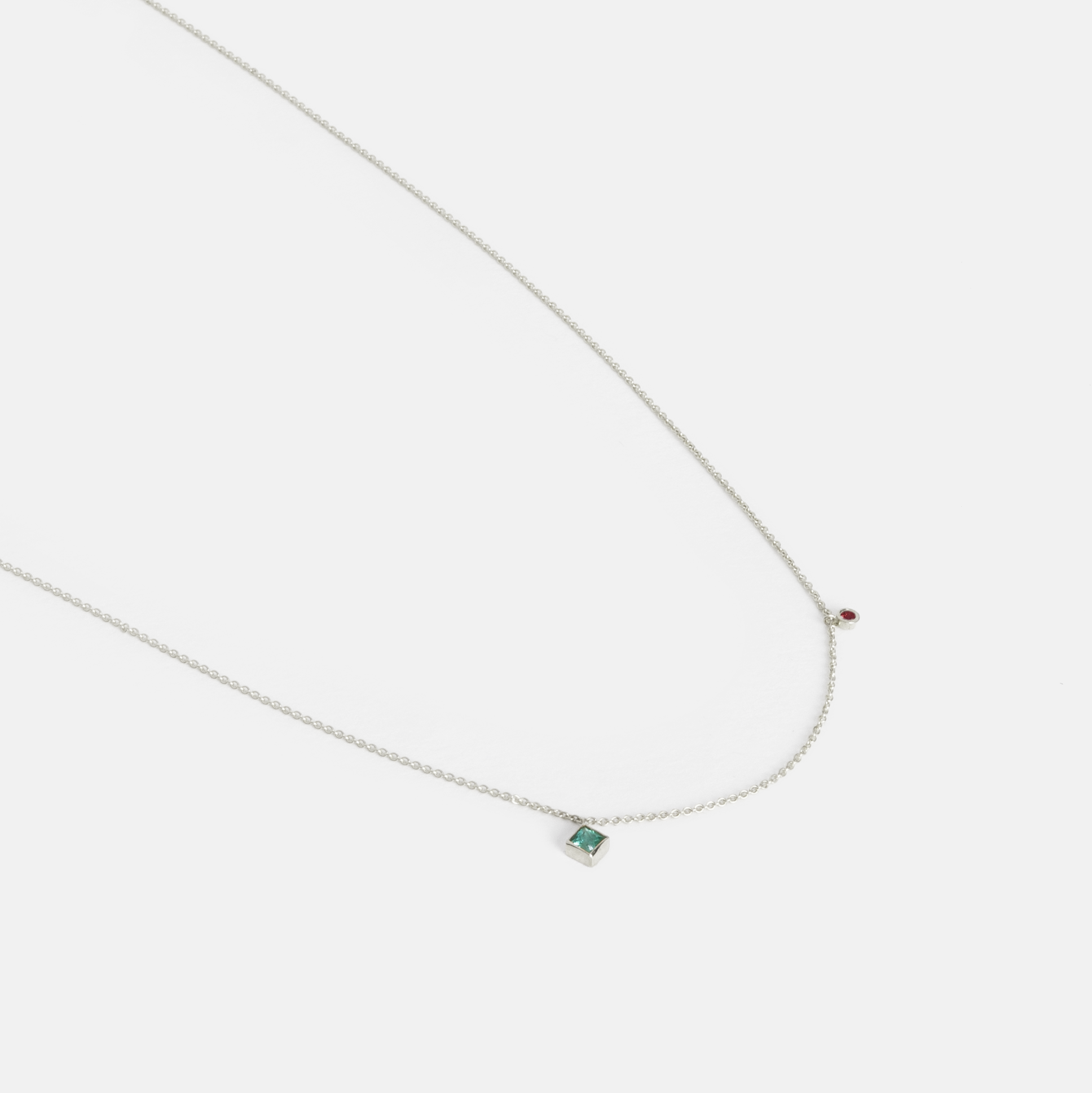  Ibi Thin Necklace in 14k White Gold set with Emerald and Ruby By SHW Fine Jewelry NYC