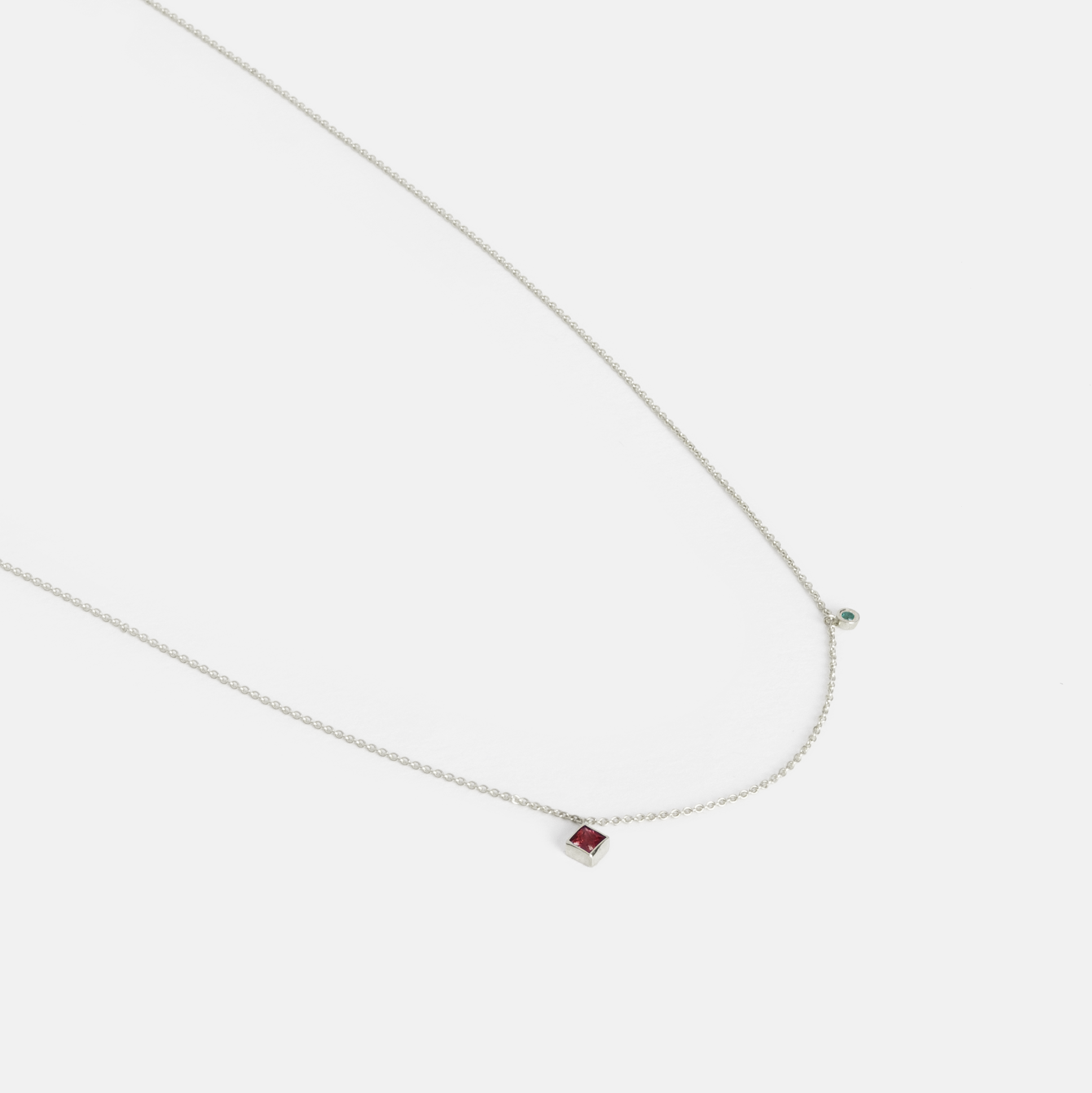  Ibi Thin Necklace in 14k White Gold set with Emerald and Ruby By SHW Fine Jewelry NYC