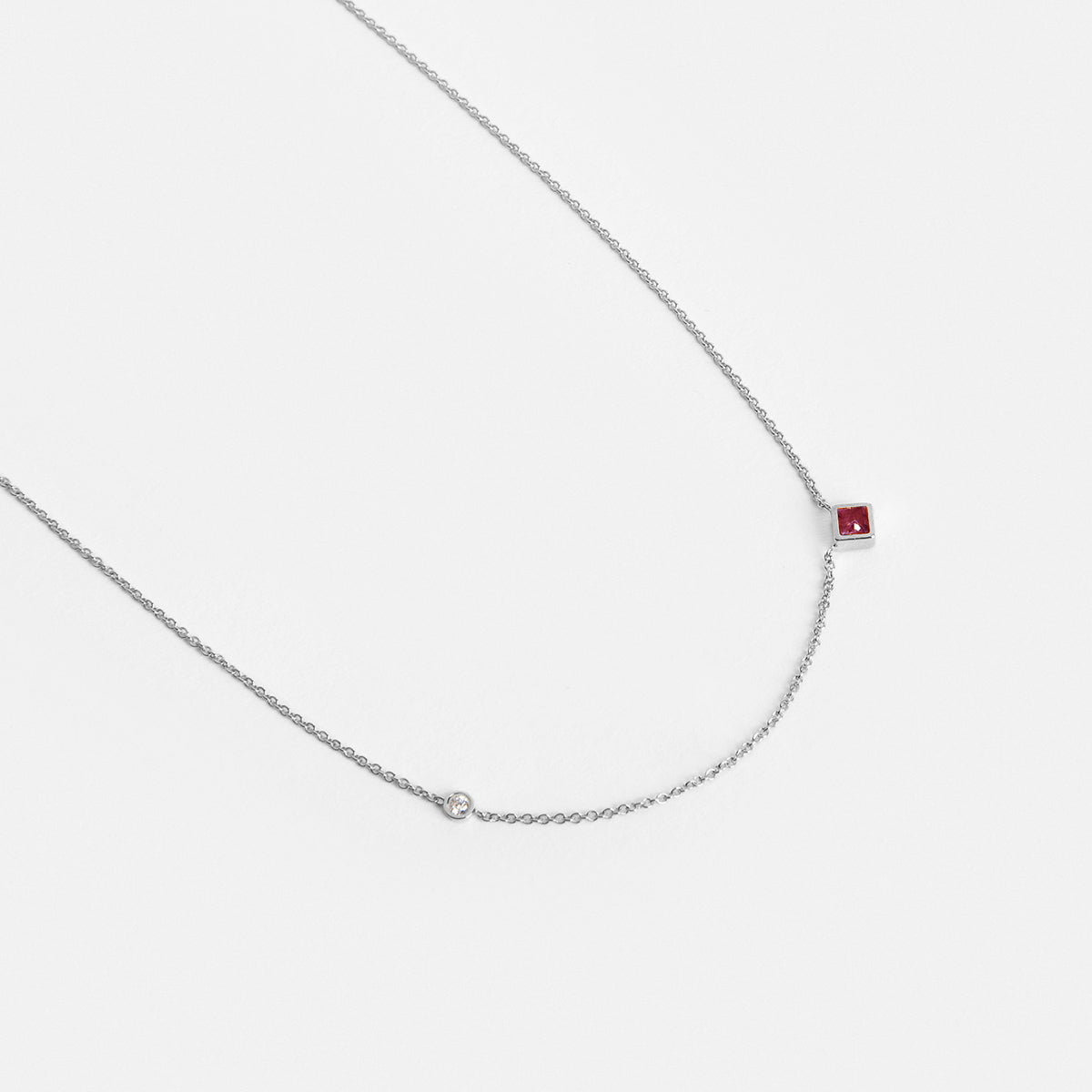 Isu Unique Necklace in 14k White Gold set with White Diamond and Ruby By SHW Fine Jewelry NYC