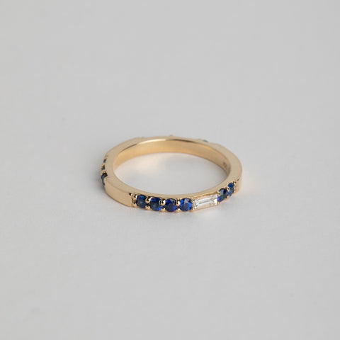 Designer Lesu Ring with 14 karat yellow gold set with sapphires and diamonds made in NYC by SHW fine Jewelry