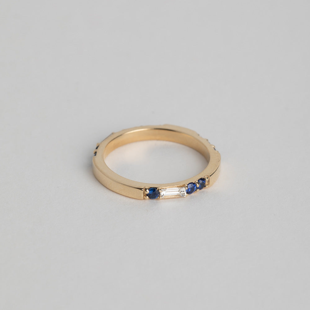 Handmade Lesu Ring with 14 karat yellow gold set with sapphires and diamonds made in New York City by SHW fine Jewelry