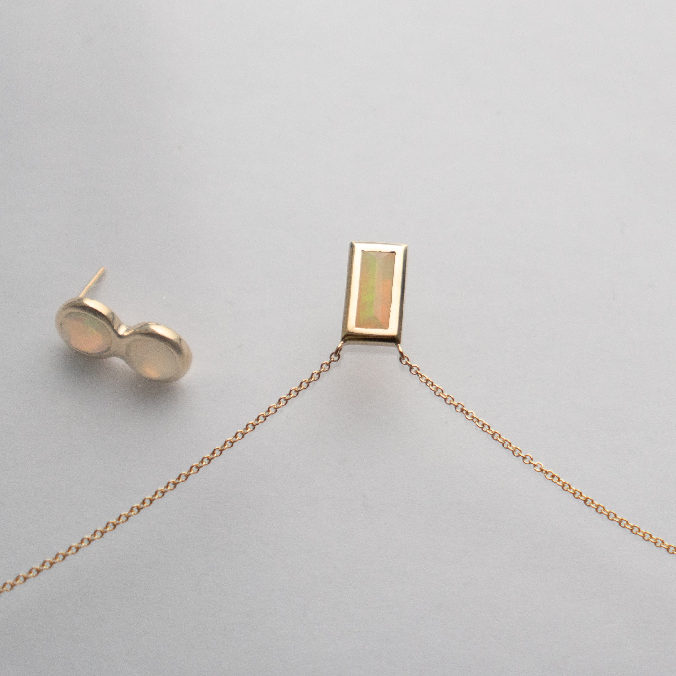 Unique Alia Necklace in 14 karat yellow gold set with baguette cut opal gemstone ethical made in NYC by SHW fine Jewelry