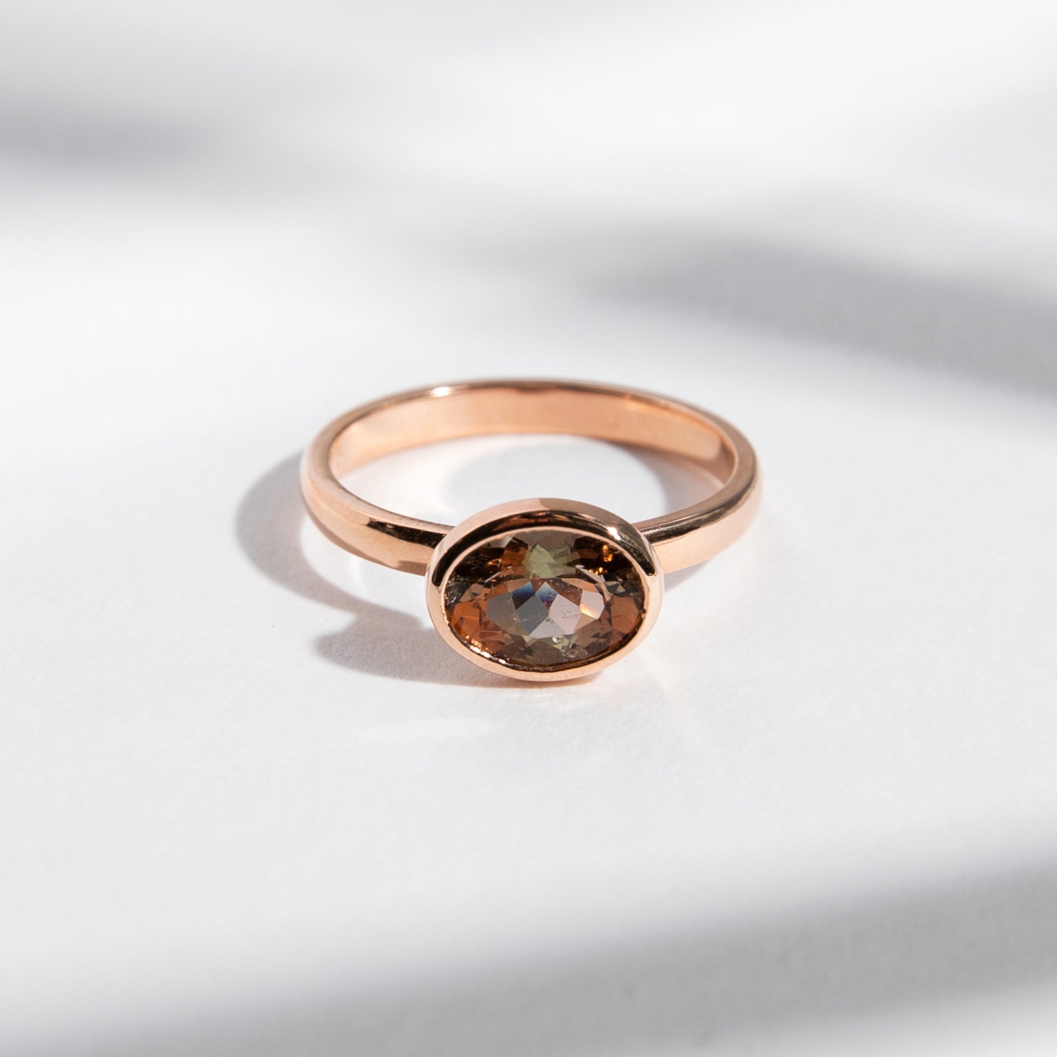 Syd Stacking Ring in 14k Gold set with a 1.2ct oval cut andalusite By SHW Fine Jewelry NYC