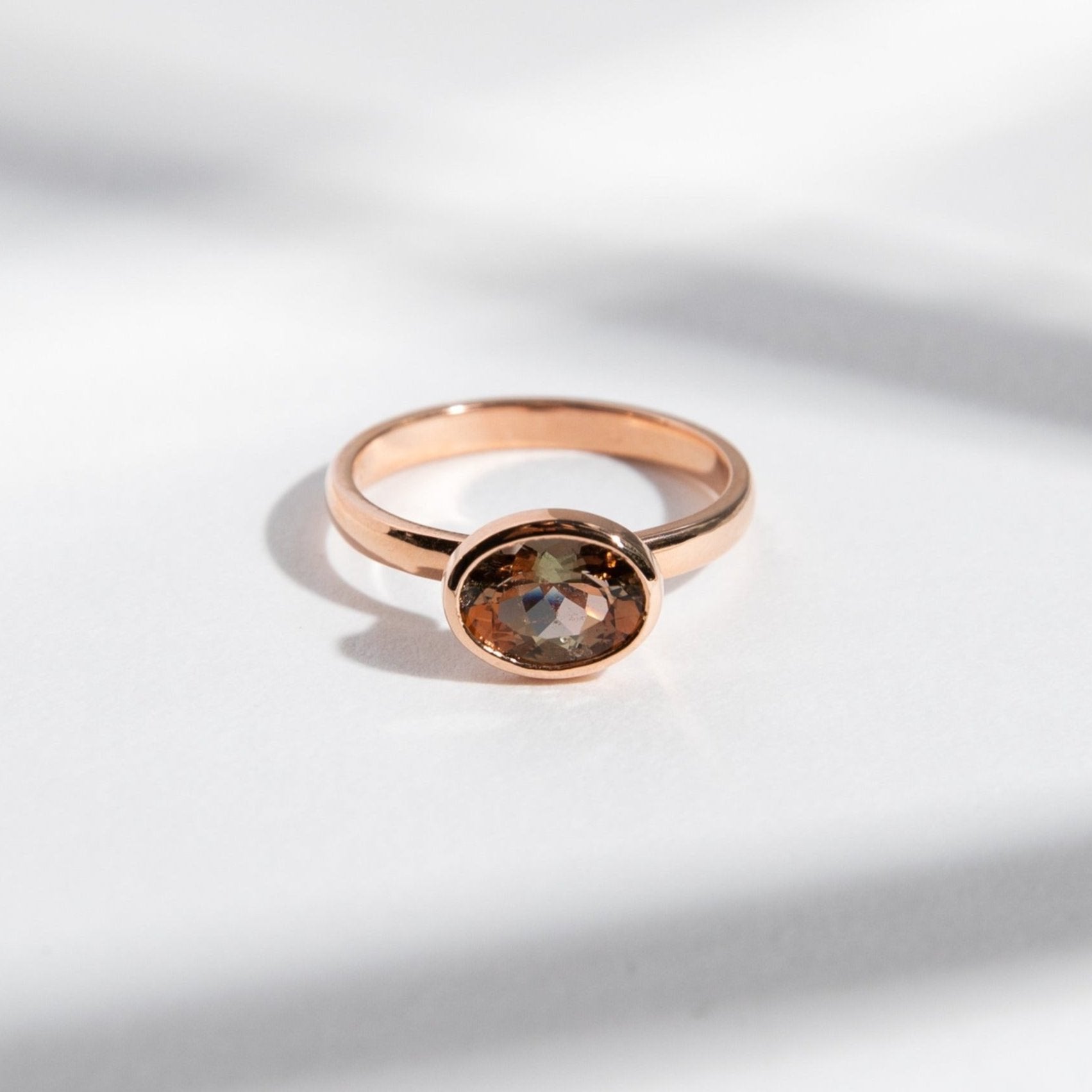 Minimalist Domed Band Engagement Ring with East West Andalusite Colorful Gemstone in 14 karat rose gold by SHW fine jewelry store in NYC NJ