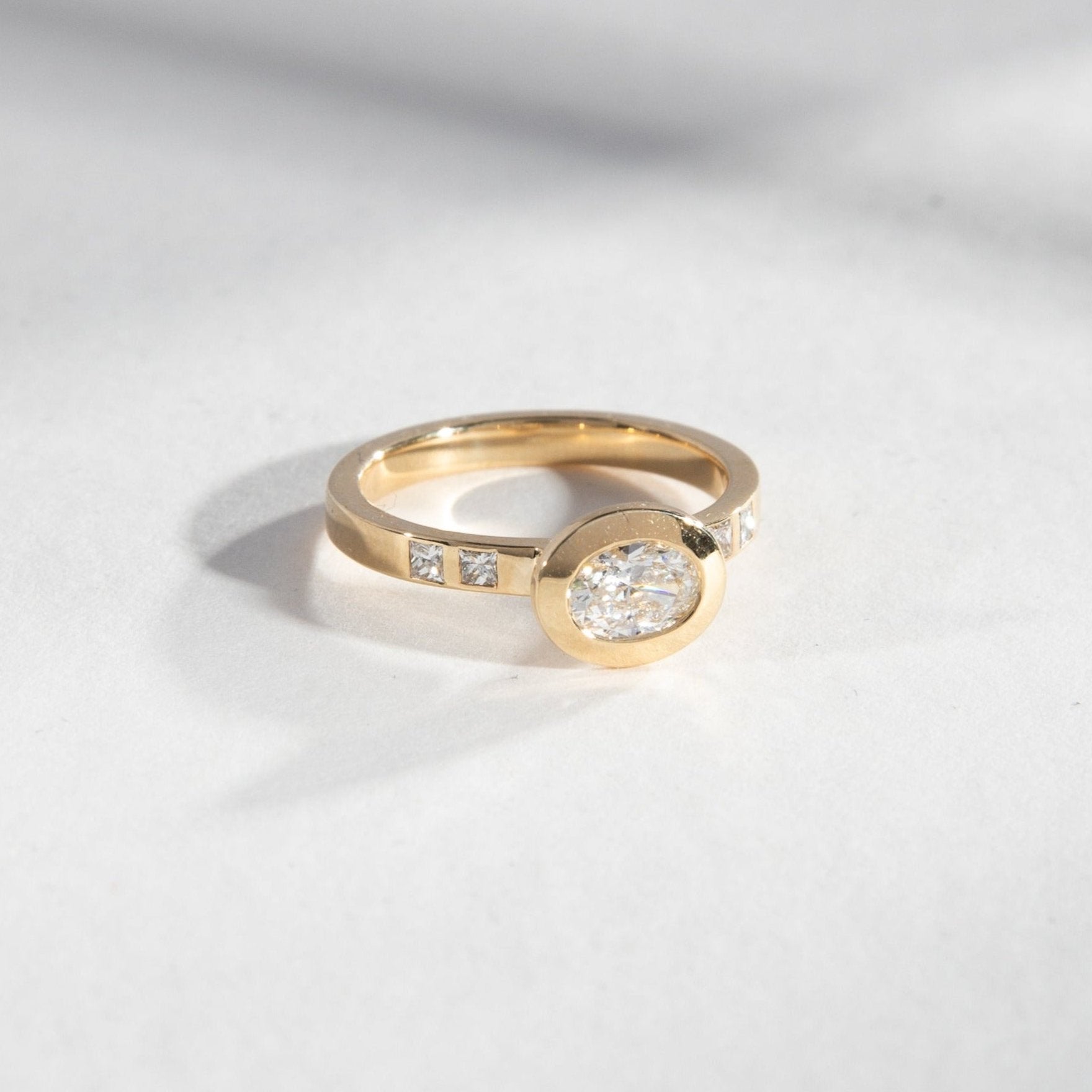 Minimal Princess cut on Band Engagement Ring with Oval Lab-grown Diamond in 14k yellow gold by SHW Fine Jewelry store in NYC near me